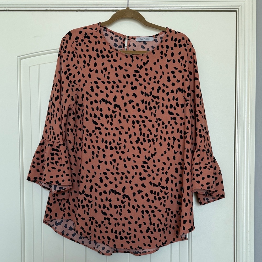 Ces Femme Dusty Rose Blouse with Black Leopard and Bell Sleeves, Size L